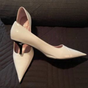 White patent leather w/ black patent kitty heels